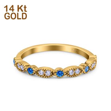 14K Yellow Gold Half Eternity Wedding Band Art Deco Design Simulated Blue Topaz CZ Ring Size-7